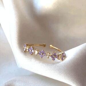Wicked Silk Adjustable Floral Flower Crystal Rings-Row of Purple Flowers